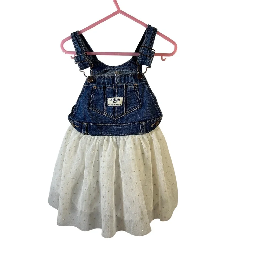 OshKosh B'gosh 24m Baby Girls Denim Tulle Tutu Overall Dress 24M White‎ Gold Dot